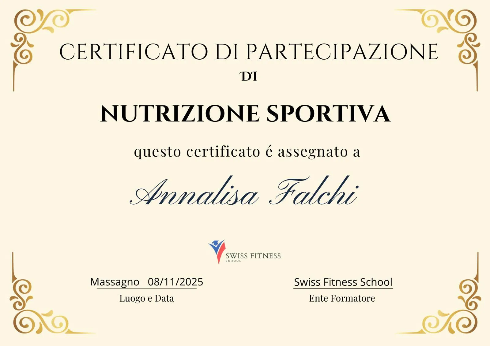 Certificato di Nutrizione sportiva, Swiss Fitness School, 2025