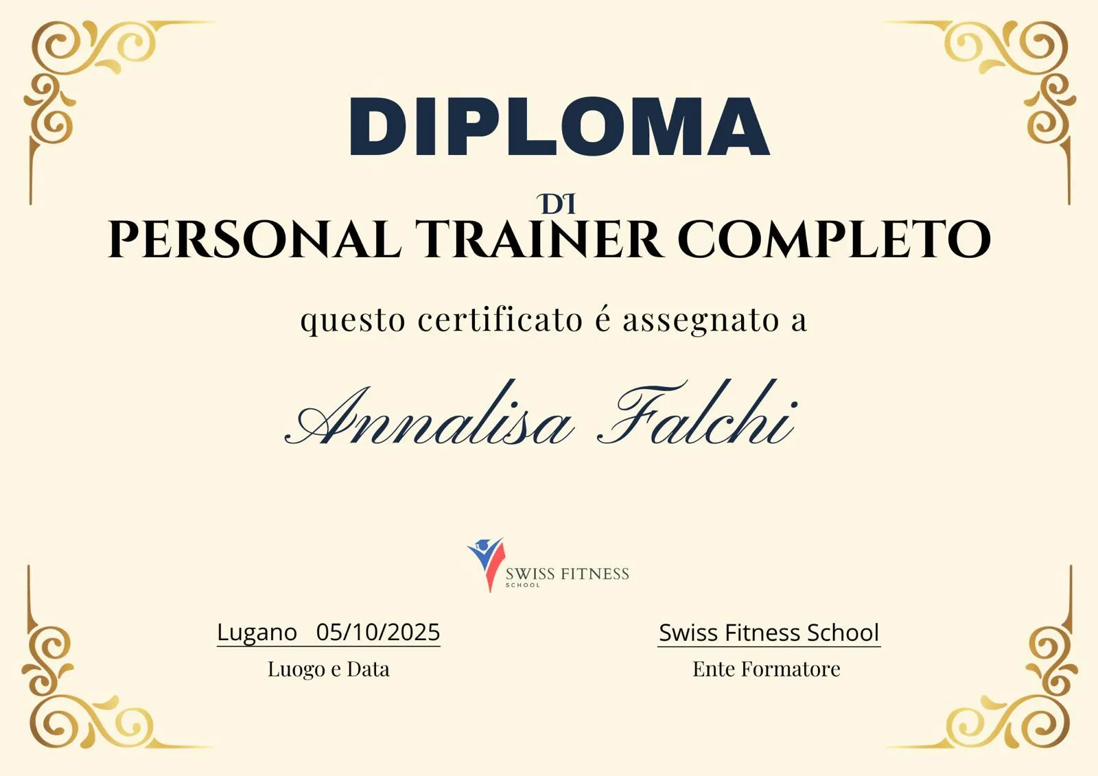 Diploma di Personal Trainer completo, Swiss Fitness School, 2025